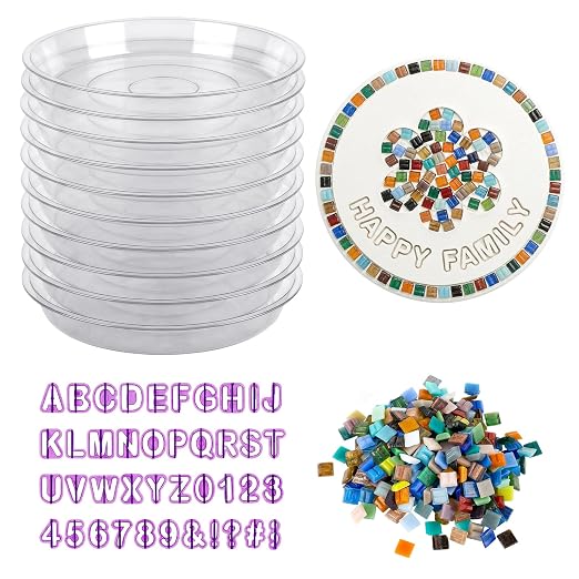 U0U 10PCS Stepping Stone Kit Includes Round Cement Molds, Mosaic Tiles and Carving Tools,DIY Garden Stepping Stone kit for Kids,Family,Outdoor Walkways Pavement Decoration (No Concrete Mix)