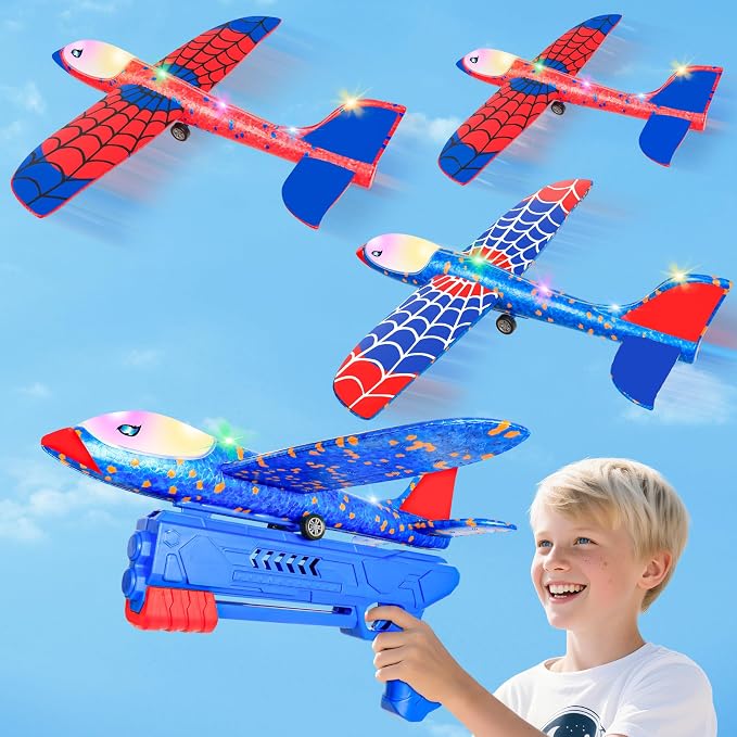 Airplane Launcher Toy for Kids, 3 Pack Spider Foam Gliders Air Planes with Led, 2 Flight Modes 3 4 5 6 7 Year Old Boys Girls Outdoor Flying Toys Outside Sport Games Birthday