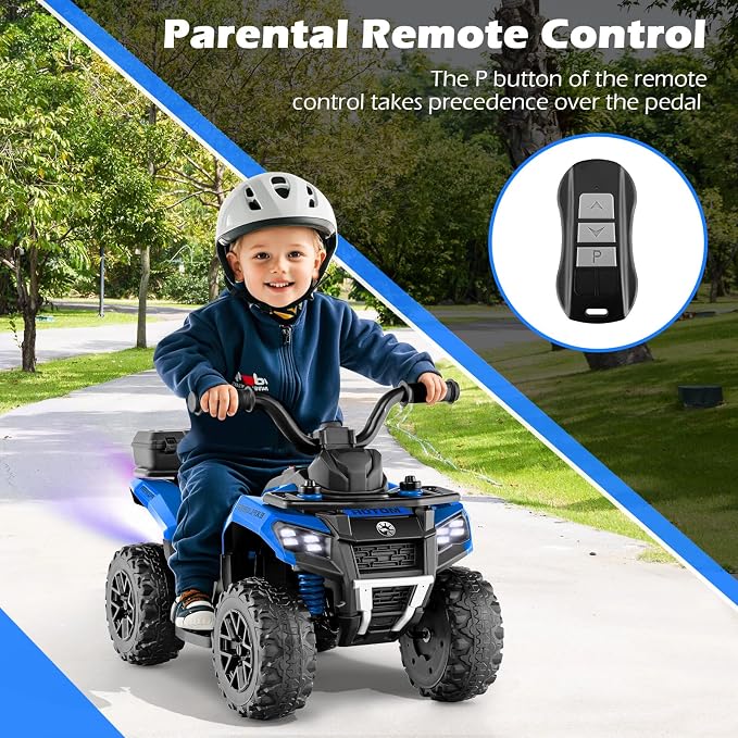 OLAKIDS Kids ATV with Spray Function, Remote Control, Storage Trunk, 6V Toddler Ride on Toy, Blue
