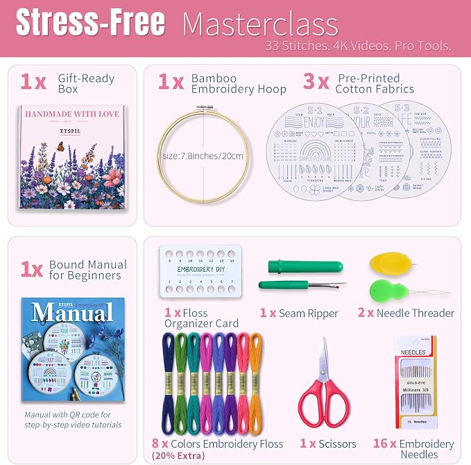 ETSPIL Embroidery Starter Kit for Adults, 3 Simple Patterns to Master 33 Stitches, Easy Step-by-Step 4K HD Video Tutorials & Bound Guide, DIY Craft Gift for Teens