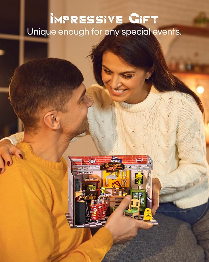 Rowood Miniature House Kit,DIY Miniature Dollhouse Craft Kits for Adults,Mini House Kits with LED,Birthday for Ages 14+(Garage Workshop)
