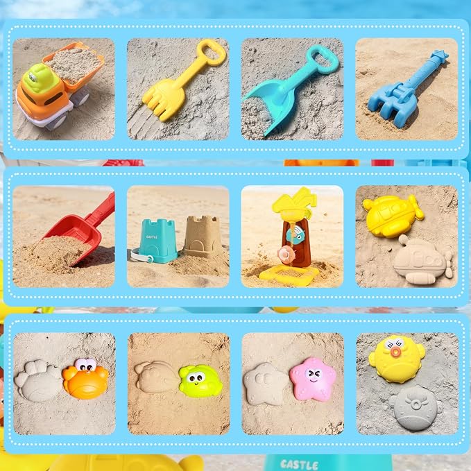 IOKUKI Sand Toys with Mesh Bag Including Dump Truck, Sand Water Wheel, Beach Buckets, Shovels, Rakes, Molds, Outdoor Beach Toys Tool Kit for Kids, Toddlers, Boys and Girls (13 PCS) Age 3+