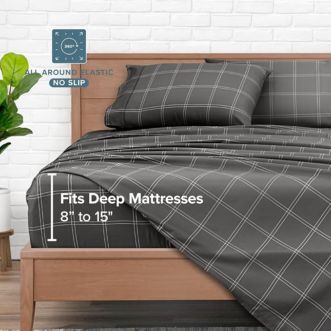 Bare Home Bed-in-A-Bag 7 Piece Comforter & Sheet Set - Queen - Track Stitch - Goose Down Alternative - Ultra-Soft 1800 Premium - Bedding Set (Queen, Modern Plaid - Grey/White)