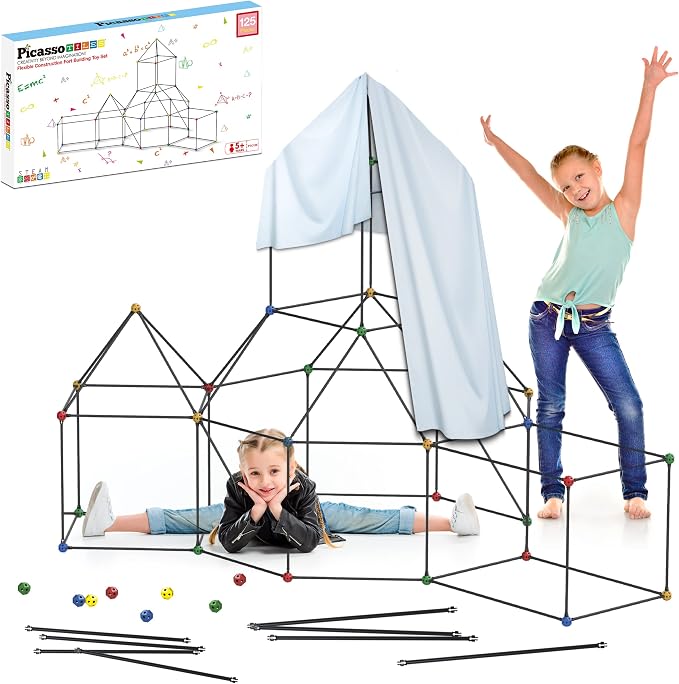 PicassoTiles Kids Fort Building Kit Playset 125 Piece Indoor and Outdoor Toy Set Fort Construction Builders Blocks Toys for Kids Boys Girls STEM Learning Castle System Tunnel Tent Rocket Pretend Play