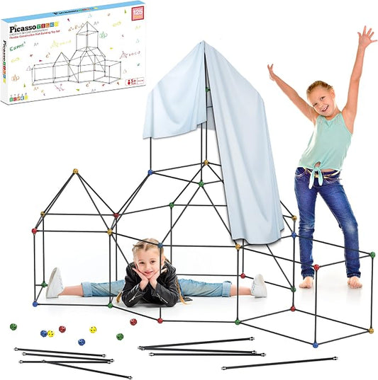 PicassoTiles Kids Fort Building Kit Playset 125 Piece Indoor and Outdoor Toy Set Fort Construction Builders Blocks Toys for Kids Boys Girls STEM Learning Castle System Tunnel Tent Rocket Pretend Play