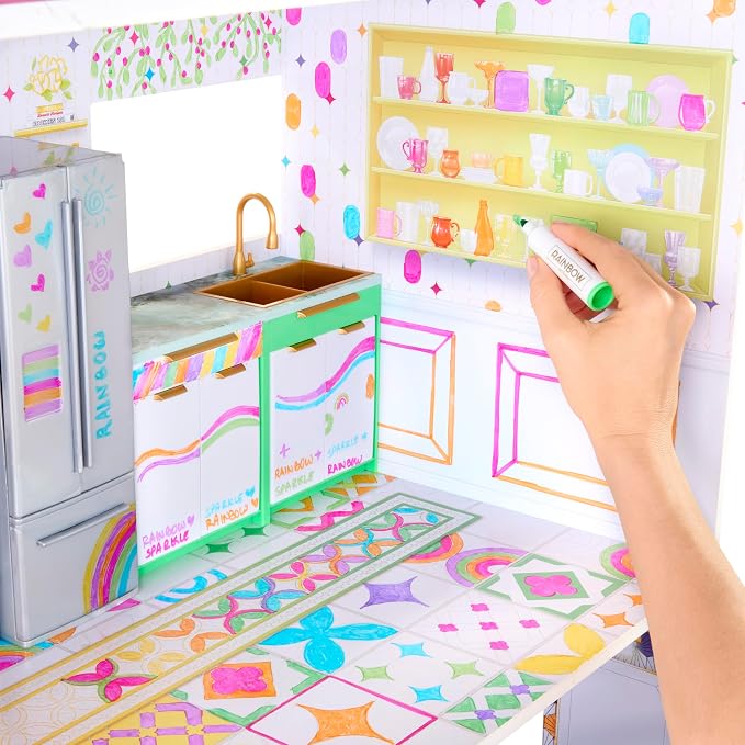Rainbow High Color & Play 3-Story Doll House, Design All Walls & Floors with Washable Markers, Wood Playset Includes Toy Furniture and Accessories, Gift for Kids 4+