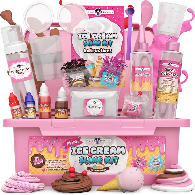 Original Stationery Mini Ice Cream Slime Kit for Girls & Boys Ages 7–12, DIY Slime Making Set with Sprinkles & Strawberry Scent, Fun Ice Cream Craft Toy, Birthday Gift for Kids