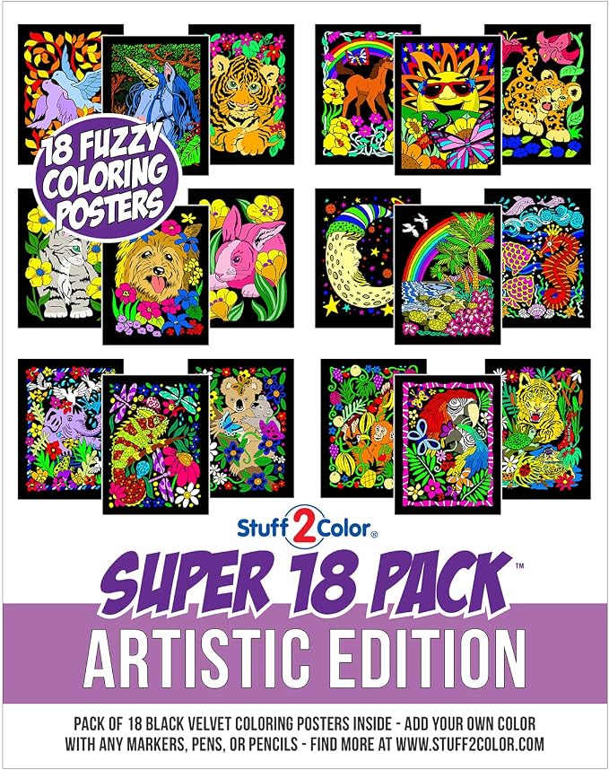 Super Pack of 18 Fuzzy Velvet Coloring Posters (Artistic Edition) - Great for Family Time, Arts & Crafts, Travel, Classrooms, Care Facilities [For All Ages: Girls, Boys, Adults, Toddlers, and More]