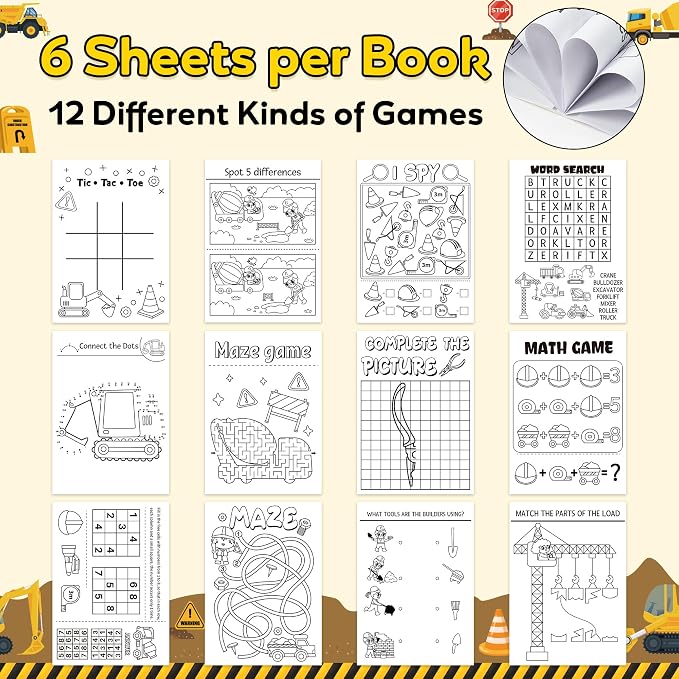 Dvbonike 24Pcs Construction Activity Books - Construction Vehicles Mini Fun Games Coloring Book Bulk with Excavator Forklift Truck Party Favors Goodie Bag Stuffers Classroom Rewards Supplies