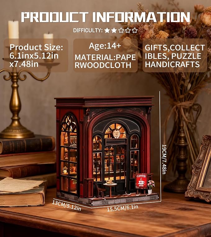 Roroom Book Nook Kit for Adults, Vintage Coffeehouse House Building Kit | 3D Wooden Puzzles with LED, Bookshelf, Desk and Bedside Room Decor, Relaxing Craft Project, Creative Gift