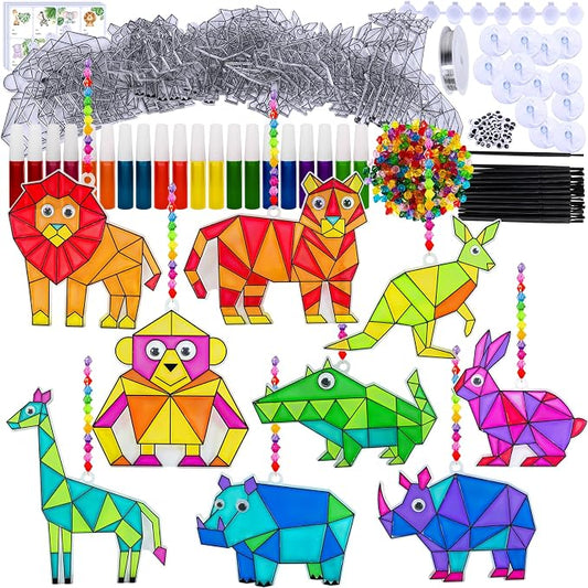 Winlyn 24 Sets Jungle Animal Suncatcher Decorations DIY Window Paint Art Craft Kits Safari Animal Sun Catchers Rainbow Painting Kit for Kids Classroom Activities Summer Camping VBS Party Art Project