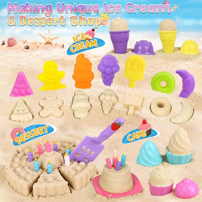 Dreamon Collapsible Beach Toys Set for Kids 3-10, Collapsible Sand Bucket Shovels Set with Mesh Bag and Beach Molds, Ice Cream Sand Toys for Beach, Sandbox Travel Toys for Kids Toddlers Girls