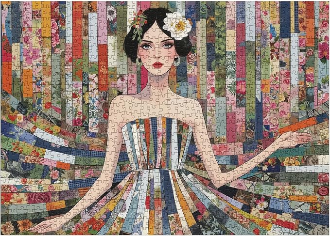 Pretty Patchwork Women Puzzles for Adults 1000 Pieces, Colorful Flower Beautiful Art Jigsaw Puzzle, Elegant Lady Impossible Hard Difficult Challenging Collage Puzzles