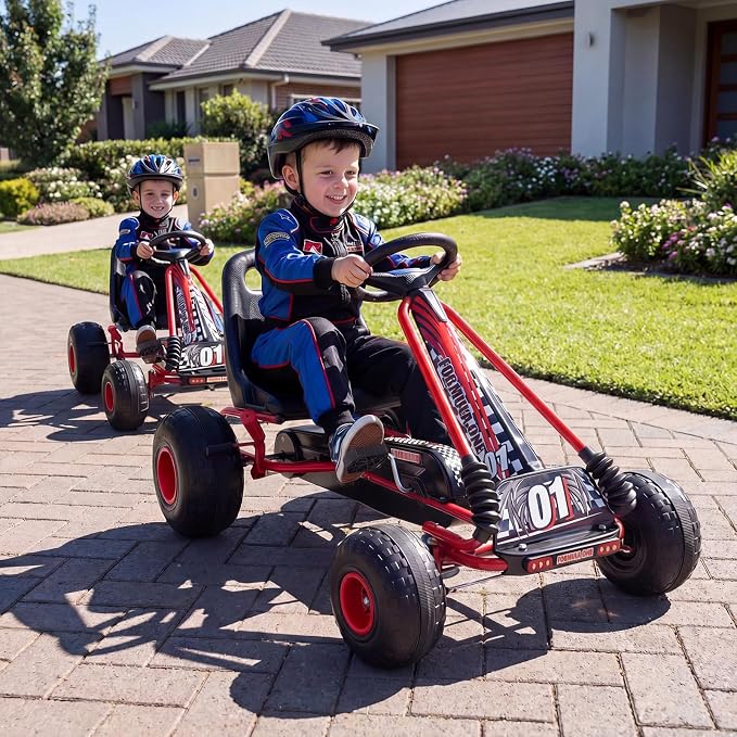Costzon Pedal Go Kart, 4 Wheel Ride on Toy Pedal Car with Adjustable Seat, Forward/Backward & Handbrake, Outdoor Bicycle Go Cart with Wear-Resistant Wheels, Gift for Boys and Girls (Red)