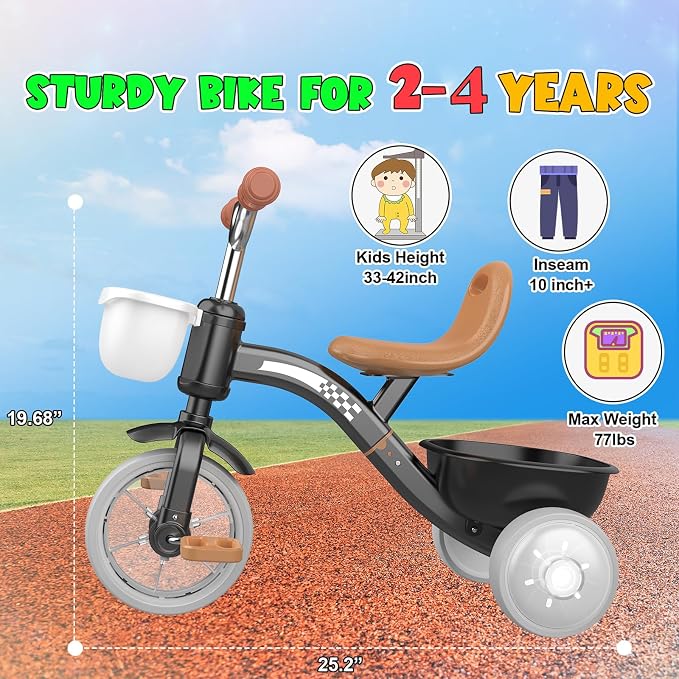 Kkdi Toddler Tricycle for 1-3 3-4 Year Olds, 2 3 4 Year Old Boy Girl Birthday Gifts, Toddler Baby Bike, 3-Level Adjustable Seat, 3 Color Light Wheels, 2 Baskets, Outdoor Riding Toys for Ages 2-4