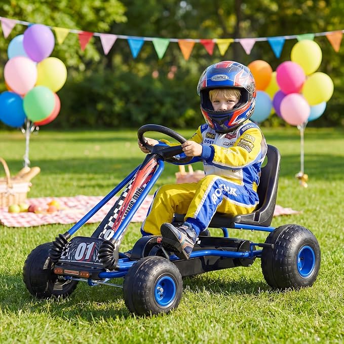 Costzon Pedal Go Kart, 4 Wheel Ride on Toy Pedal Car with Adjustable Seat, Forward/Backward & Handbrake, Outdoor Bicycle Go Cart with Wear-Resistant Wheels, Gift for Boys and Girls (Blue)