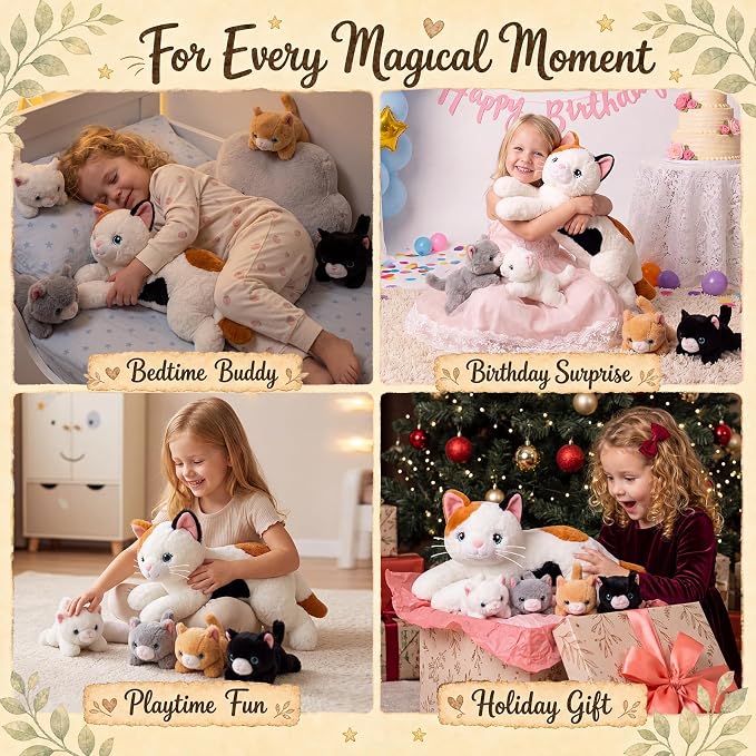 gnomantic Cat Stuffed Animals with Babies Inside, Mommy Toy for Kids | 5-Piece set: 1 mommy cat + 4 baby kittens inside. Unzip belly to reveal surprise babies. Ultra-soft, ages 3-8.