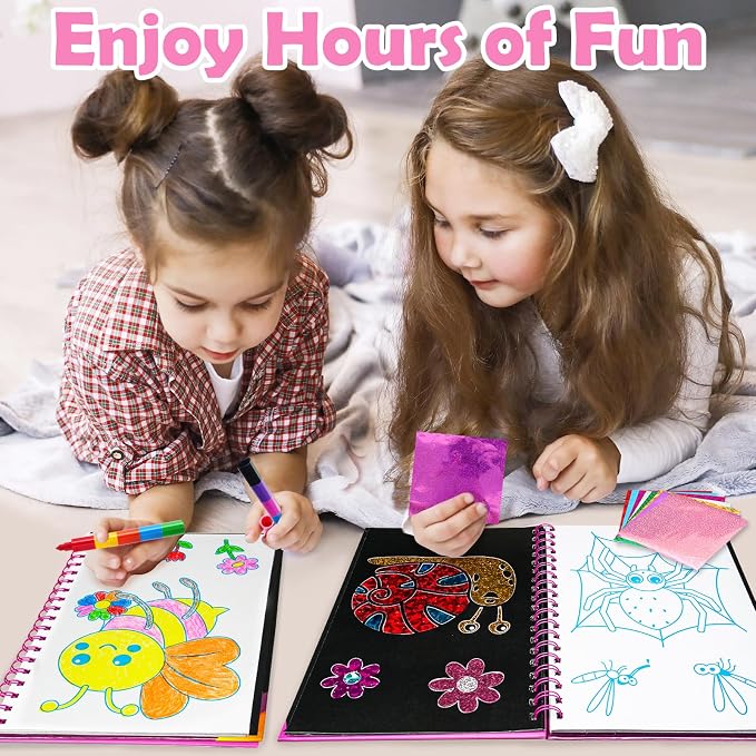 FUNNYB&G Foil Art Craft Kit for Girls 4-10 Years Old: Mess-Free & No-Glue, Create 16 Sparkly Interesting Insects Pictures – Perfect Travel Toy & Birthday Gift for Kids (Insects)