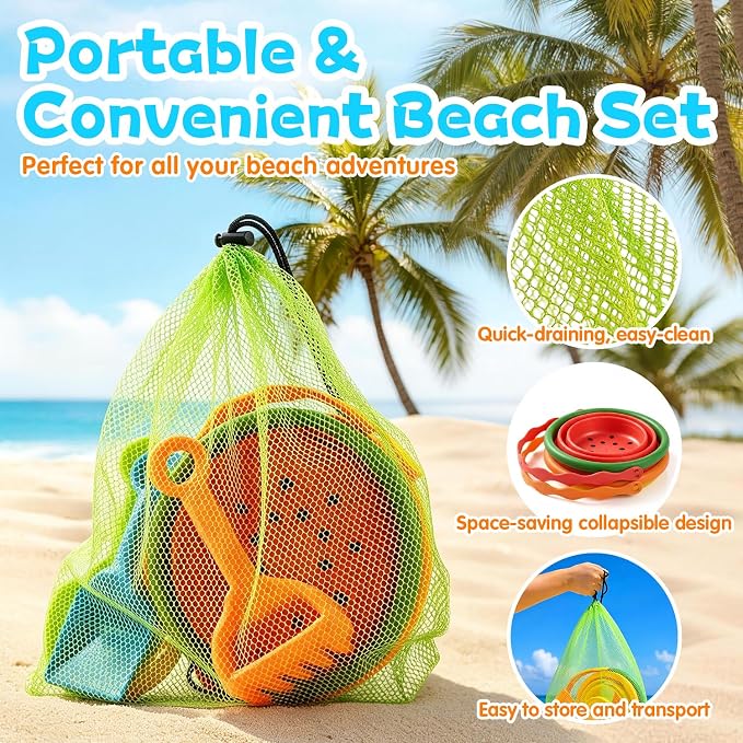 Collapsible Beach Toys for Kids, 2 Packs Foldable Silicone Sand Buckets Set with 4 Packs Sand shovels and Mesh Bag, Travel Beach Essentials for Sandbox, Pool, Camping,Fishing, Summer Party Favors