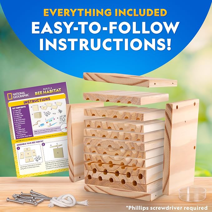 National Geographic Build a Bee Habitat Craft Kit for Kids – Paint & Build a House for Mason Bees, Outdoor Arts & Crafts, Nature Learning Activity, DIY Pollinator Garden Craft, Solitary Bee Hotel