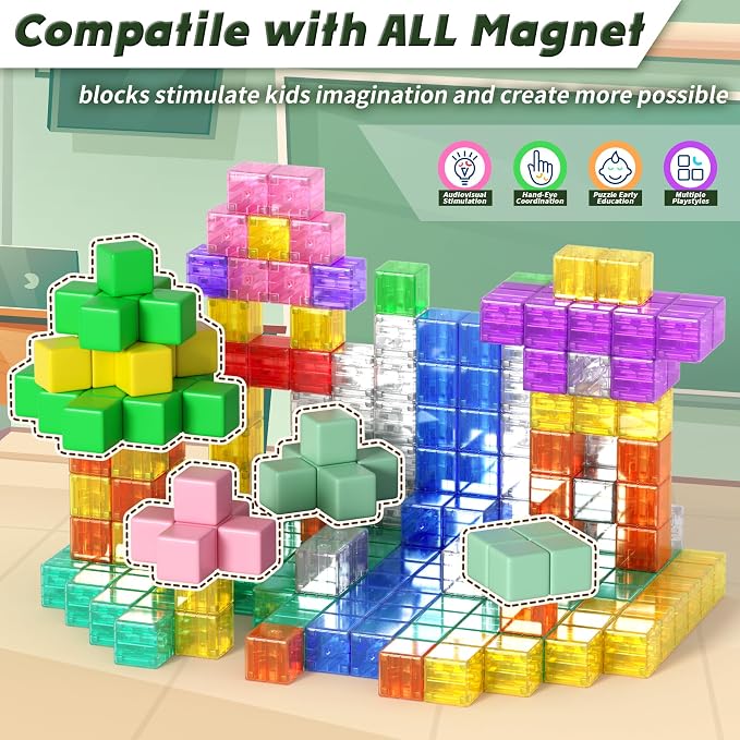 Apluses Magnetic Blocks Building Toys - Transparent Rainbow Magnetic Cubes Set, Outdoor Sensory Autism STEM Toys Gifts for Kids Aged 3+ Year Old Boys & Girls