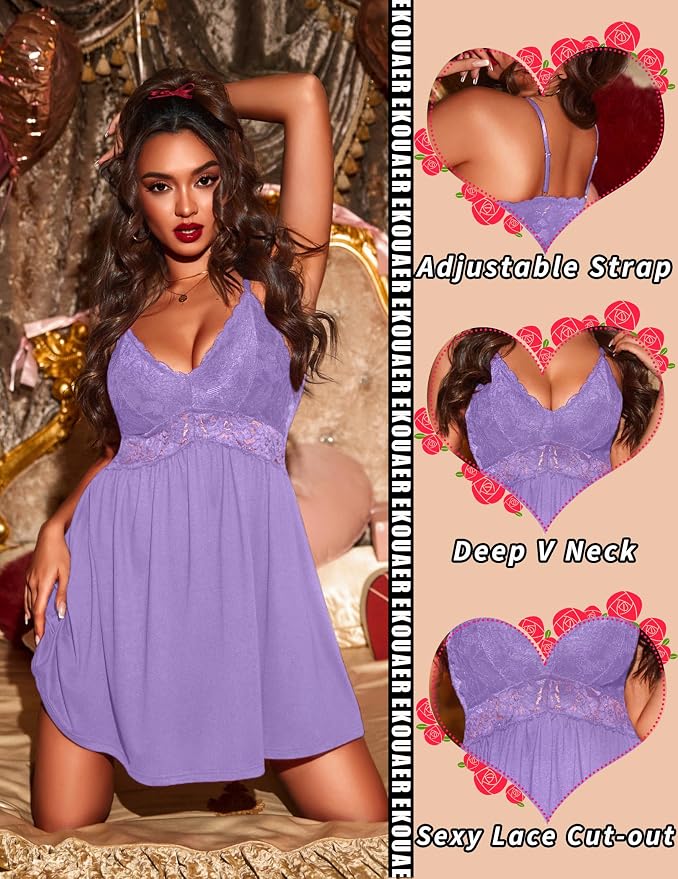 Ekouaer Lingerie for Women Sexy Nightgown Lace Trim Sleep Dress Chemise Nightgowns Sleeveless Night Gown Sleepwear S-3XL