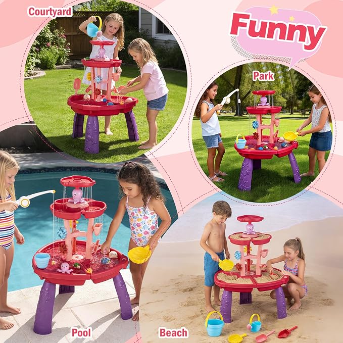 VROGTIK Water Table for Toddlers with Fishing Game Set 3-Tier Kids Sand Water Table Sensory Outdoor Toys for Kids Ages 4-8 Summer Beach Outside Backyard Toys for Girls& Boys Age 3 4 5 6 7 8 9