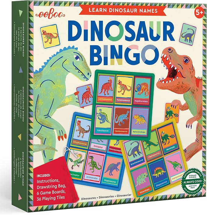 eeBoo: Dinosaur Bingo for Kids Ages 5+, Prehistoric Theme Learning Game that Teaches Dinosaur Names & Builds Vocabulary