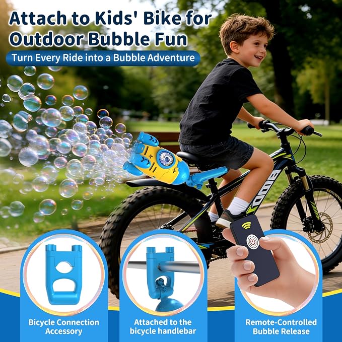 Bubble Gun for Kids, Automatic Rocket Bubble Machine, Handheld & Bicycle Use, Rechargeable Bubble Blower with Solution & LED Light, Summer Outdoor Toy, Gift for Boys Girls Age 3 4 5 6 7 8-12(Yellow)