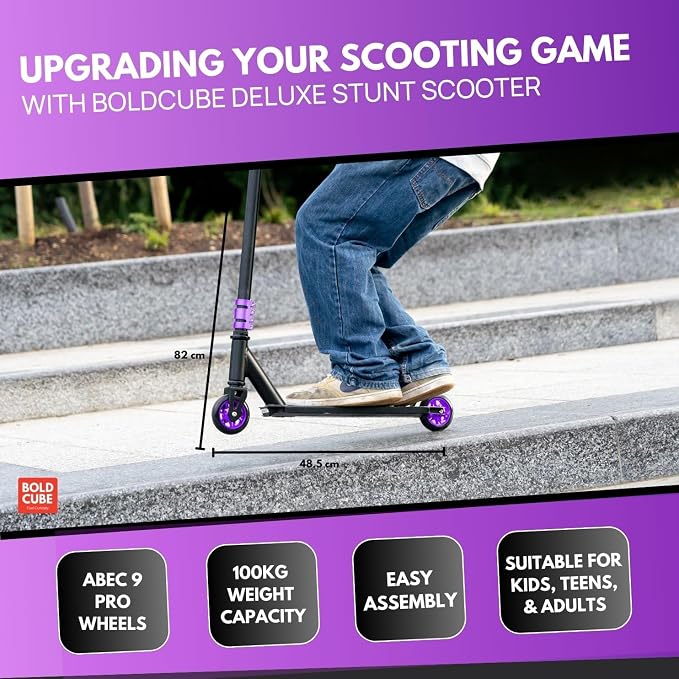 BOLDCUBE Deluxe Stunt Scooter for Boys and Girls Ages 8-12 Years | Anodized Finish | 4 Bolt Clamp | Marbled Grips | 7+ yrs