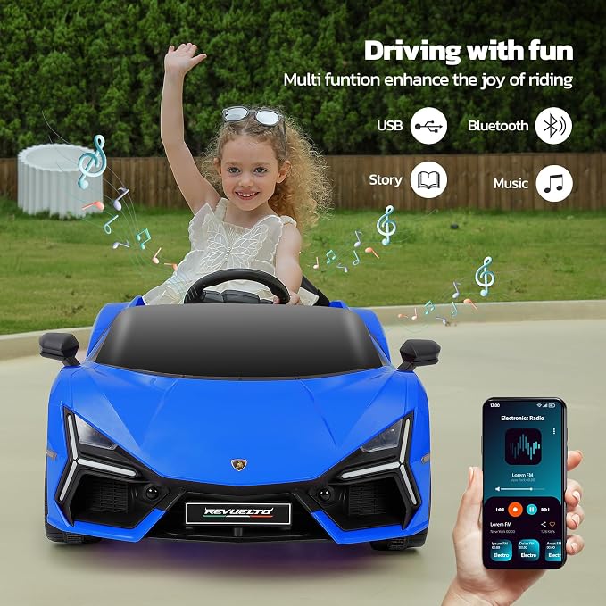 ELEMARA Lamborghini Ride On Car with Scissor Door, Electric Vehicle for Kids with Remote Control,Kid Cars to Drive with MP3 Player, Bluetooth, LED Light and Wide Seat, Navy Blue