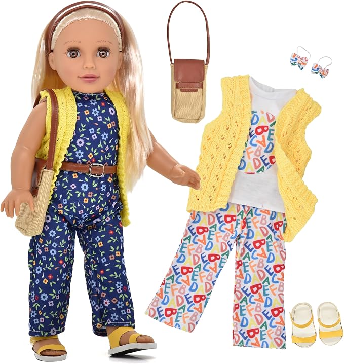 Dolls To Play 18 Inch Girl Doll, Fashion Doll with Fine Blonde Long Straight Hair for Styling, Blue Eyes, Jumpsuit, Knit Sweater, Sandals, Handbag, Clothes and Accessories Princess Doll for Kids