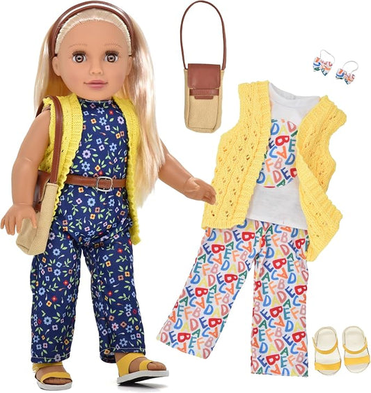 Dolls To Play 18 Inch Girl Doll, Fashion Doll with Fine Blonde Long Straight Hair for Styling, Blue Eyes, Jumpsuit, Knit Sweater, Sandals, Handbag, Clothes and Accessories Princess Doll for Kids