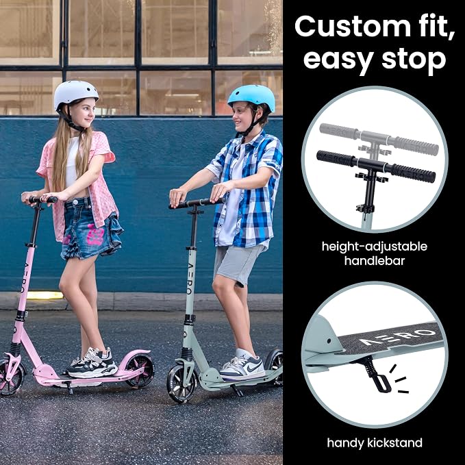 AERO MOBILITY Kick Scooter for Kids 6+, Teens & Adults | Light Up Wheels, Hand Brake, Rubber Deck Mat & Shock Absorption | Foldable & Height Adjustable