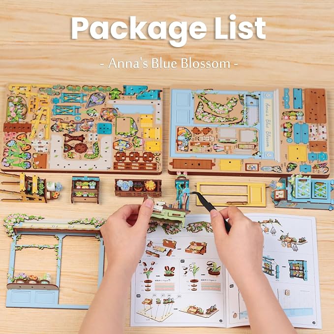 Fsolis Book Nook Kit - DIY Scene Miniature Kit for Adults, Booknook 3D Puzzles 255PCS, Tiny House Mini Flower Shop Model Bookshelf Trinkets, Gifts for Women Puzzle Lovers (Anna's Blue Blossom)