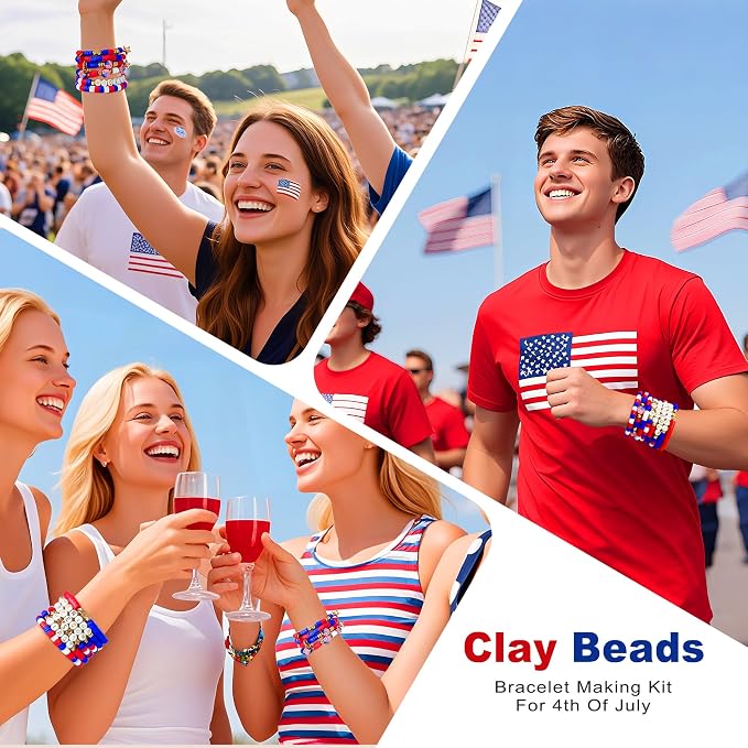 Redtwo 4th of July Red White and Blue Clay Beads Bracelet Making Kit with USA Letter Beads, Patriotic Beads for Jewelry Making for Independence Veterans Day Party Favors, DIY Gifts with America Flag.