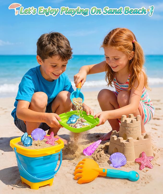 DUDUCOFU Collapsible Beach Sand Toys for Kids Toddlers, Collapsible Sand Buckets Sifter and Shovels Rake Diving Gem Pool Toy Set with Mesh Bag, Travel Beach Vacation Essentials Toys for Boys Girls