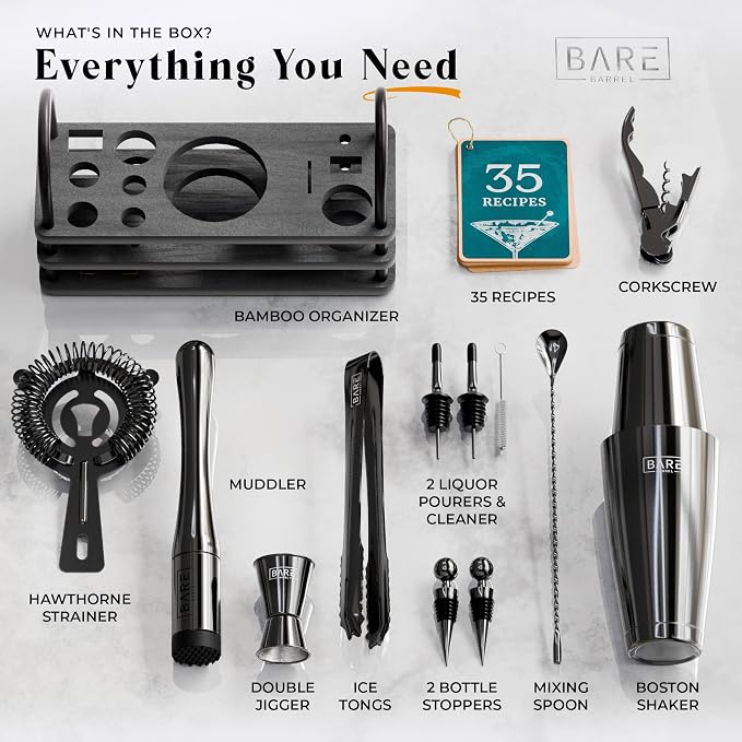 BARE BARREL® Mixology Bartender Kit Bar Set | 14-Piece Cocktail Shaker Set | Martini Barware Mixing Tools for Home Bartending | 35 Recipe Cards | Gift Set (28oz Boston Shaker, Jet Black/Black)