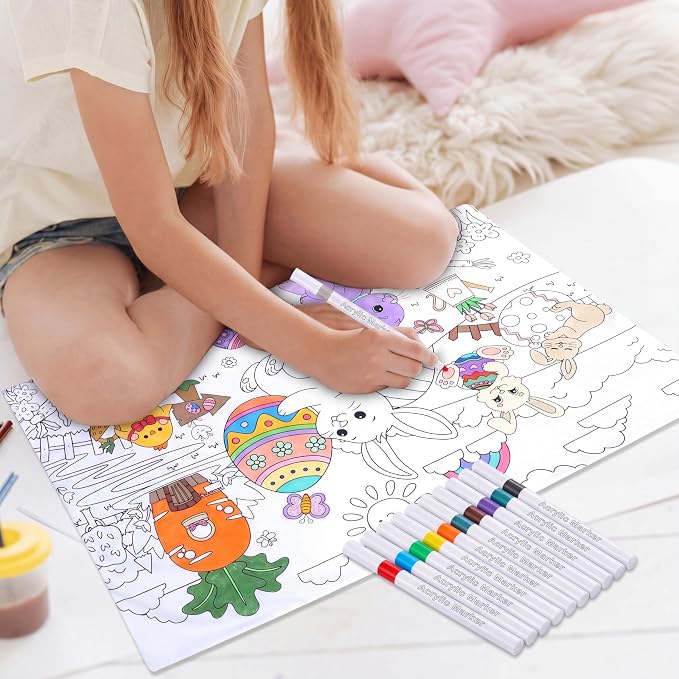 Mindsoft Coloring Craft Coloring Pillowcase Easter Bunny Pillowcase with 12 Pcs Markers Pens for Decoration Supplies Craft, 28.7 x 19.7 Inch