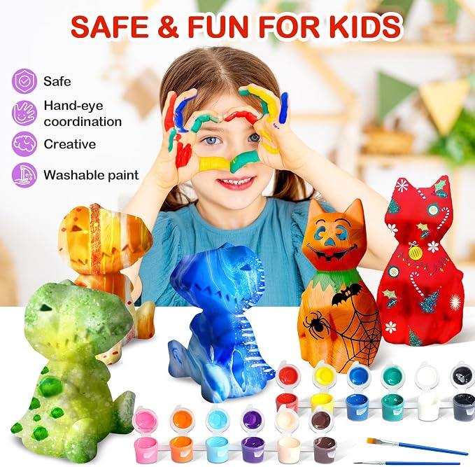 Goody King Paint Your Own Cat & Dinosaur Lamp Kit, 3PCS DIY Night Light, Arts & Crafts for Kids Ages 8-12, Art Supplies Painting Kit for Kids 6-12, Art Supplies Craft Birthday Gifts for Kids Ages 3+