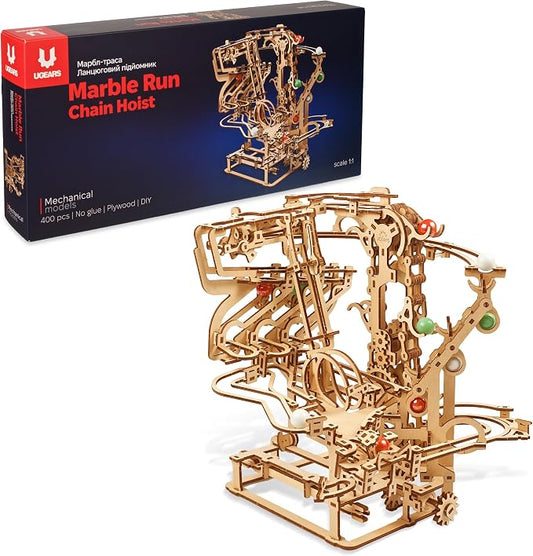 UGEARS Marble Run Chain Hoist 3D Wooden Puzzles for Adults - Wooden Model Kits for Adult Models for Adults to Build Mechanical Engineering Kit Brain Teaser, Hobby Set