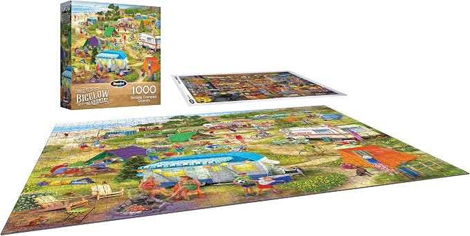 RoseArt - Chris Bigelow Country - Seaside Cramped Grounds 1000 Piece Jigsaw Puzzle, Colorful Beach Camping Scene– Adult Puzzle – Finished Size 26.625 x 19.25, Made in USA