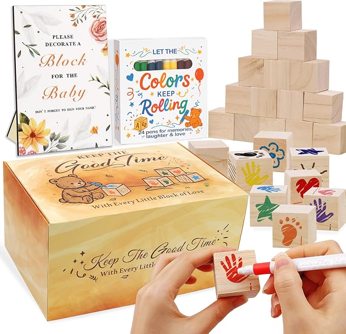 77 PCS Shower Games Sign Kit for Boys Girls, 1 Wooden Game Sign, 52 Blank Wooden Blocks for DIY Drawing, 24 Markers, Shower Game for Gender Reveal Activity, Shower Ideas Decorations