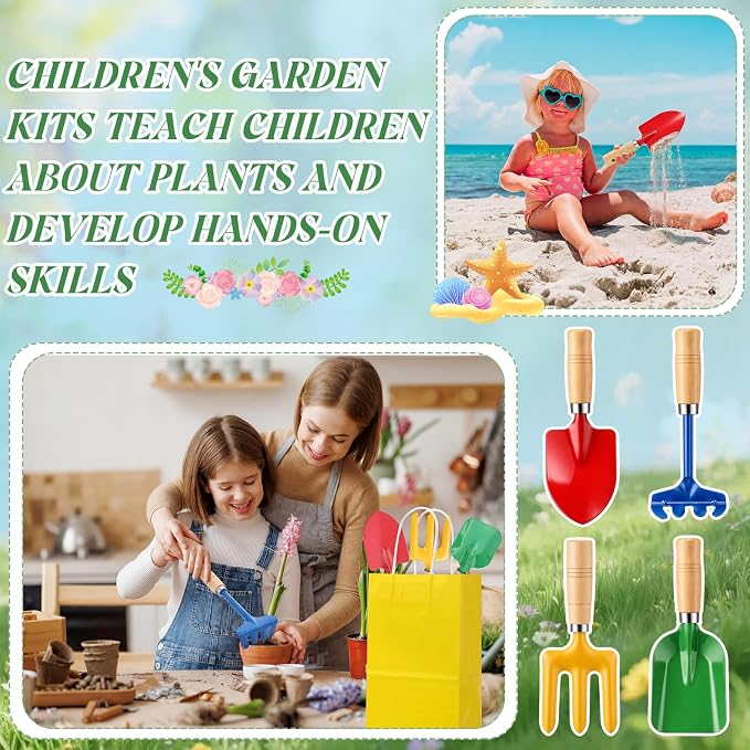 30 Pcs Kids Beach Sand Toy Gardening Tools Bulk Set Include Kids Beach Shovel Rake Fork Trowel and Gift Bags Metal Planting Tools with Wooden Handle for Planting Loosening Digging Outdoor