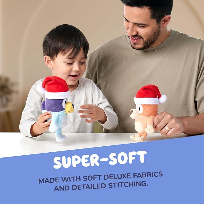 Bluey Toddler Plush Toys Pack of 2, 7-8”, Soft, Festive Holiday Season Plush Figure Toys with Santa Hats, Cuddly Plush Animals for Kids Ages 3+