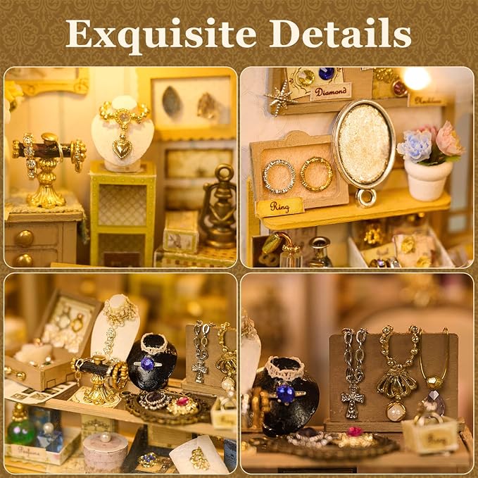 fifijoy DIY Miniature Dollhouse Kit - Jewelry Shop DIY Miniature House Kit for Adults and Teens, 3D Wooden Puzzle Tiny House Model with LED Light, Unique Gift for Family, Friends (Vitrine’s Tale)