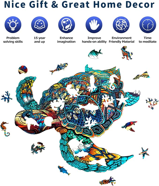Jigfoxy Wooden Puzzles for Adults, Sea Turtle Wooden Jigsaw Puzzles for Adults Kids, Unique Animal Shape Wood Cut Puzzles, Christmas Thanksgiving Gifts for Friend Turtle Lover (L-14.9*12.6in-301pcs)