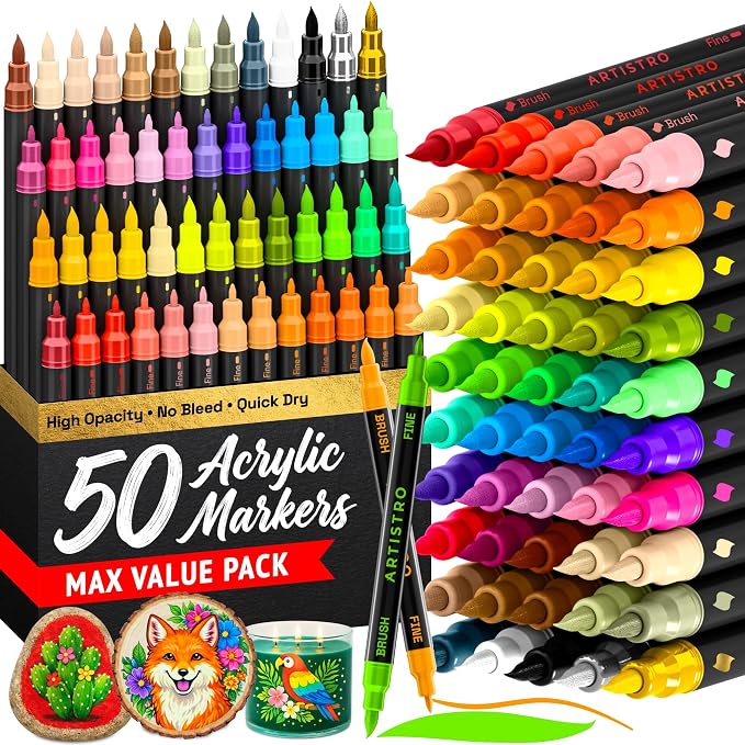 ARTISTRO 50 Acrylic Paint Markers - Paint Pens for Glass Marking, Rock Painting, Ceramic, Wood, Fabric, DIY, Craft, Canvas - Art and Craft Supplies for Adults, Teens, Kids (Brush + Fine Tips)