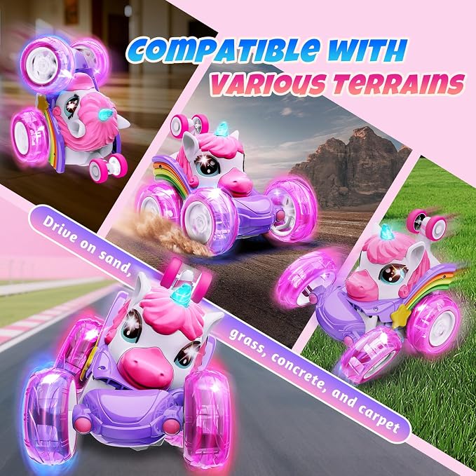 Unicorn Remote Control Car Toys for Girl - 360° Rotating Pink RC Stunt Cars 4WD Remote Cars for Kids, 2.4GHz Toy Car with LED Lights, Birthday Gift for 3 4 5 6 7 8 9 Year Old Girl