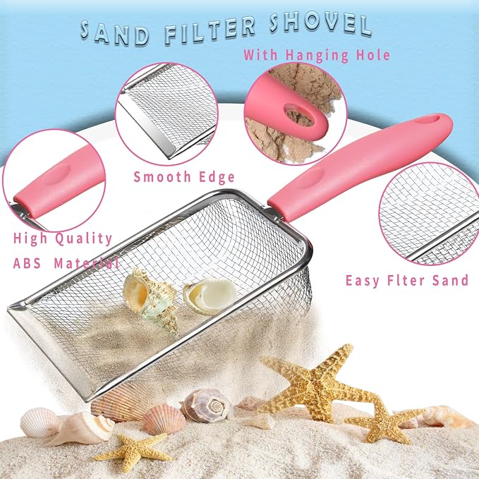 Beach Toy Set Include 2 Mesh Shovels and 2 Beach Mesh Bags,Kids Sand Sifter for Shells Collecting